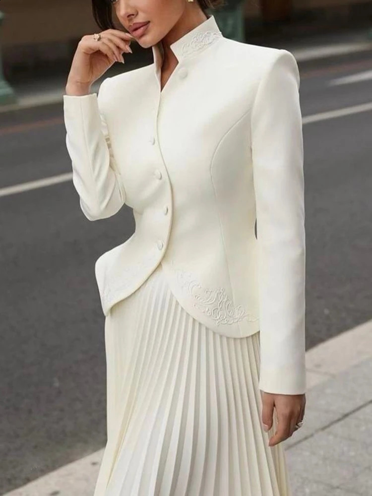 TWOTWINSTYLE Solid Two Piece Set For Women Stand Collar Long Sleeve Spliced Button Tops High Waist Skirt Chic Set Female Fashion 250116