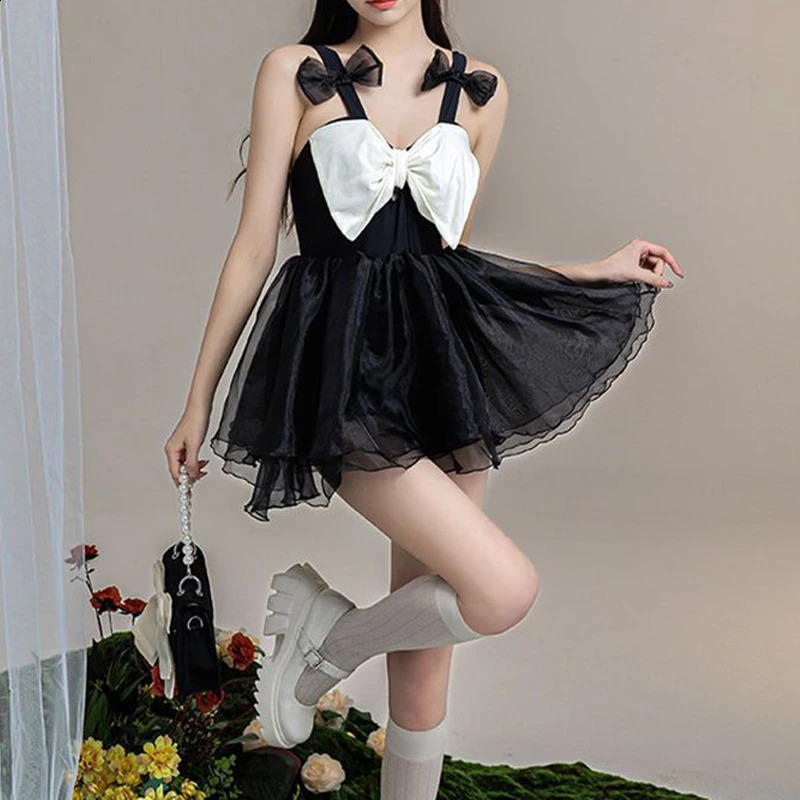 Women Japanese Style Bow Sweet Kawaii Patchwork One Piece Swimsuits Summer Sexy Sling Sleeveless Slim Mini Beach Dress Swimwear 250121