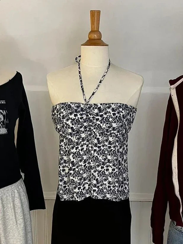 Women Sweet Floral Drawstring Strapless Crop Top 4 Summer Side Split Slim Cropped Vests Street wear Vintage Tank Tops 250206