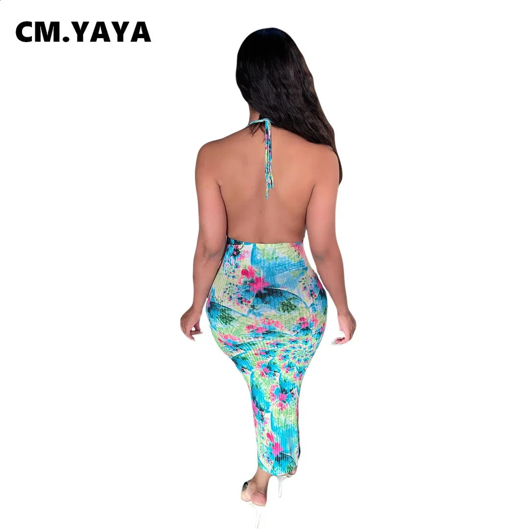 CM.YAYA Beach Tie Dye Print Halter Neck Womens Midi Dress Sexy Night Party Open Back Sleeveless Ribbed Bodycon Pencil Dresses 250206
