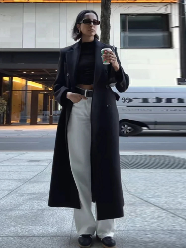 VNeck Waist Cinched Suit Coat Jacket Slim Fit Lapel Long Overcoat Fashion Temperament Outwear Womens Clothing Spring Fall 250109Z