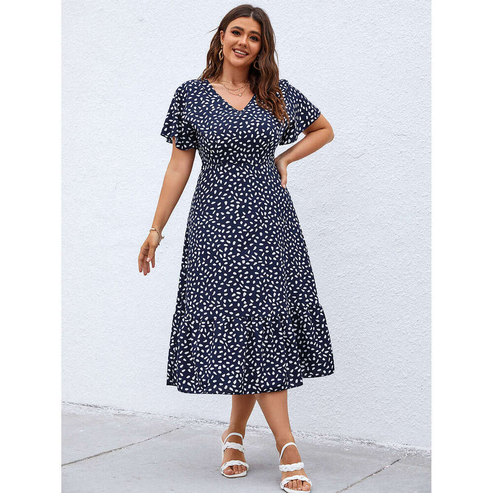 Large size women's summer vintage V-neck European and American elegant socialite short sleeved dress 2025 new casual versatile fashion clothing
