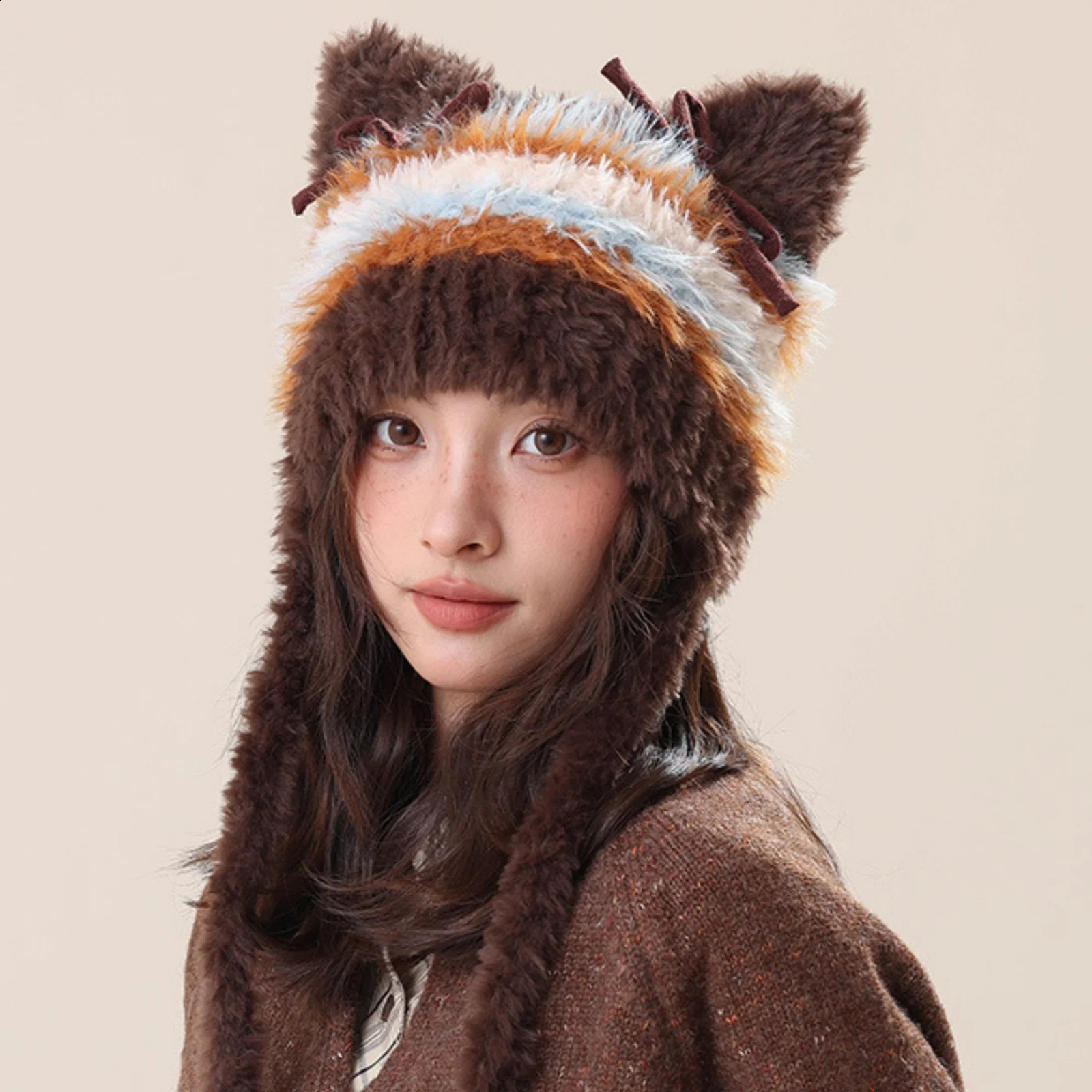 Bow Fashion Personalized Cat Ear Keep Warm Knitted Hat Multicolour Striped Plush Winter Hat Beanie Athleisur Bonnet Female 250120