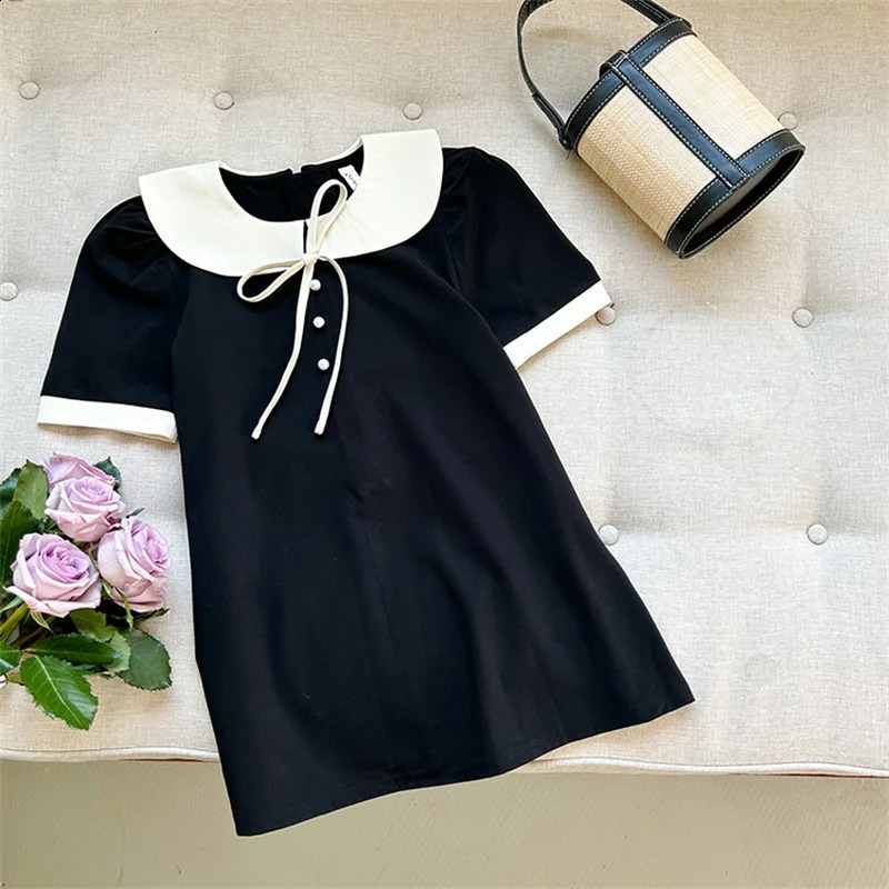 Girls Summer Dresses Children Temperament Princess Gown Teenager Fashion Bow Vestidos Kids Peter Pan Collar Clothing 250114