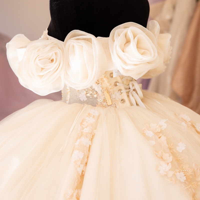 Champagne Quinceanera Dresses Ball Gown Off Shoulder Appliques Lace Flower Beads Tull Corset Birthday Party Sweet 16 Dress Vestidos 15 Anos