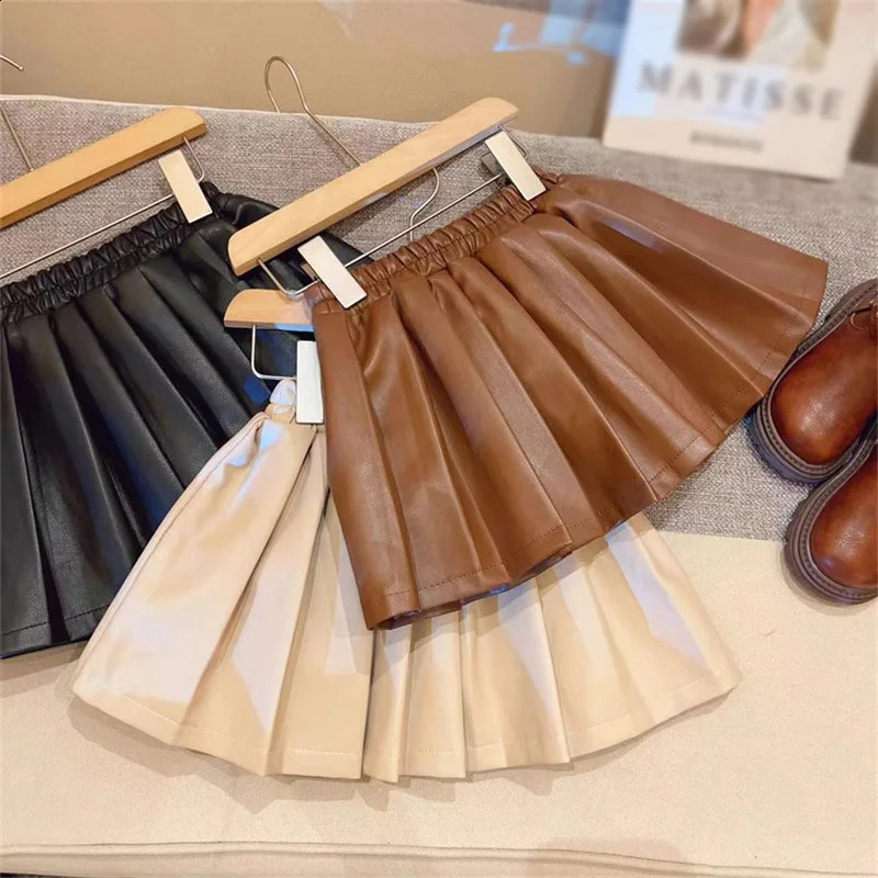 2-10 Years Baby Toddler PU Pleated Children School Girls Fall Winter Plush Skirt Pleated Skirts For Kids Children Clothes 250206
