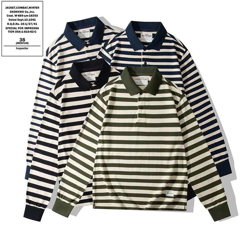 OKONKWO Ameki 230G Thick Heavy Lapel T-Shirt Stripe Long Sleeve Shirt Outdoor Trekking Hiking Climbing Fiess Sports Clothing