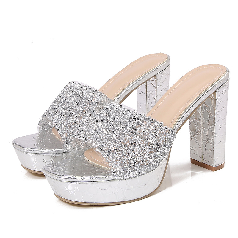 hot Women Slippers Fashion High Heel Dia Design Shining Versatile Triple Black Sier Free shipping