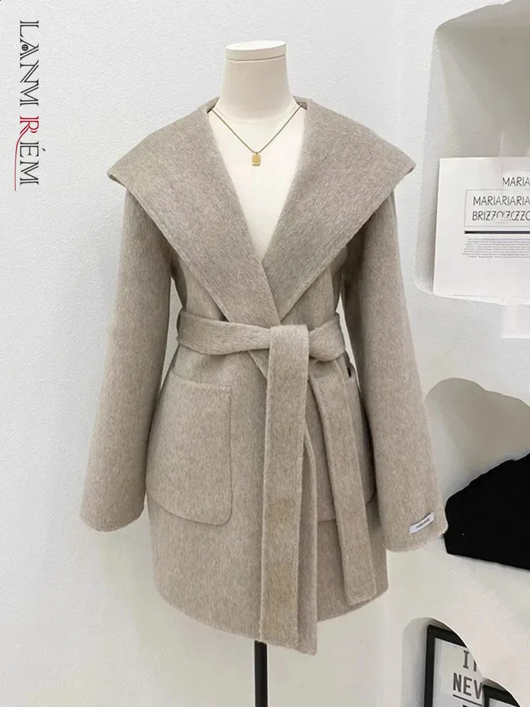 LANMREM Winter Wool Mid Length Coat For Women Lapel Belt Gathered Waist Solid Color Jackets 2024 Clothing 32C1603 250109Z