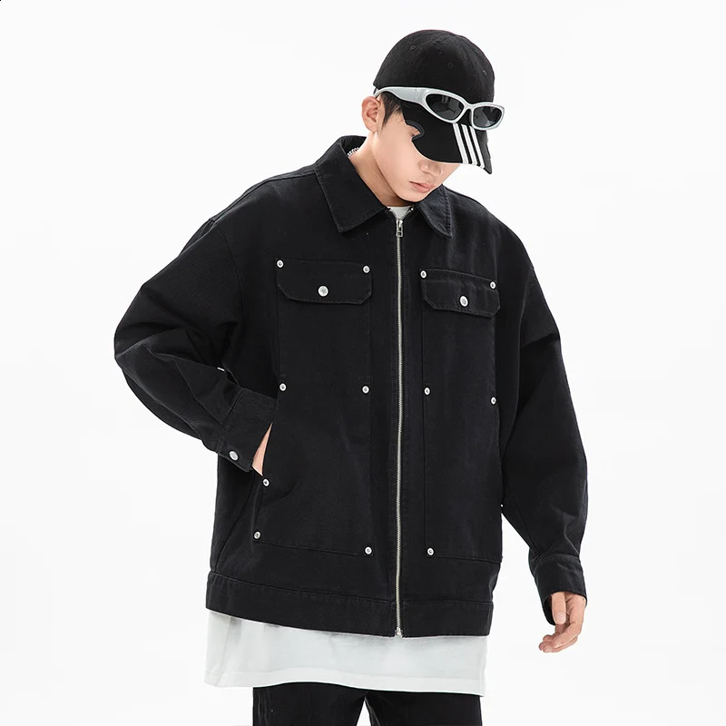 Autumn Mens Black Denim Jackets Hip Hop Revit Zipper Jeans Coat Cotton Casual Quality Male Clothing 250206