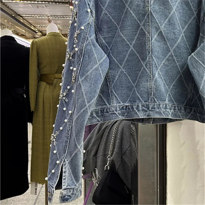 Korean Stand Collar Denim Jacket Women Beading Diamonds Cow Outerwear Spring Autumn Slim Short Big Pocket Jeans Jacket Female 250121
