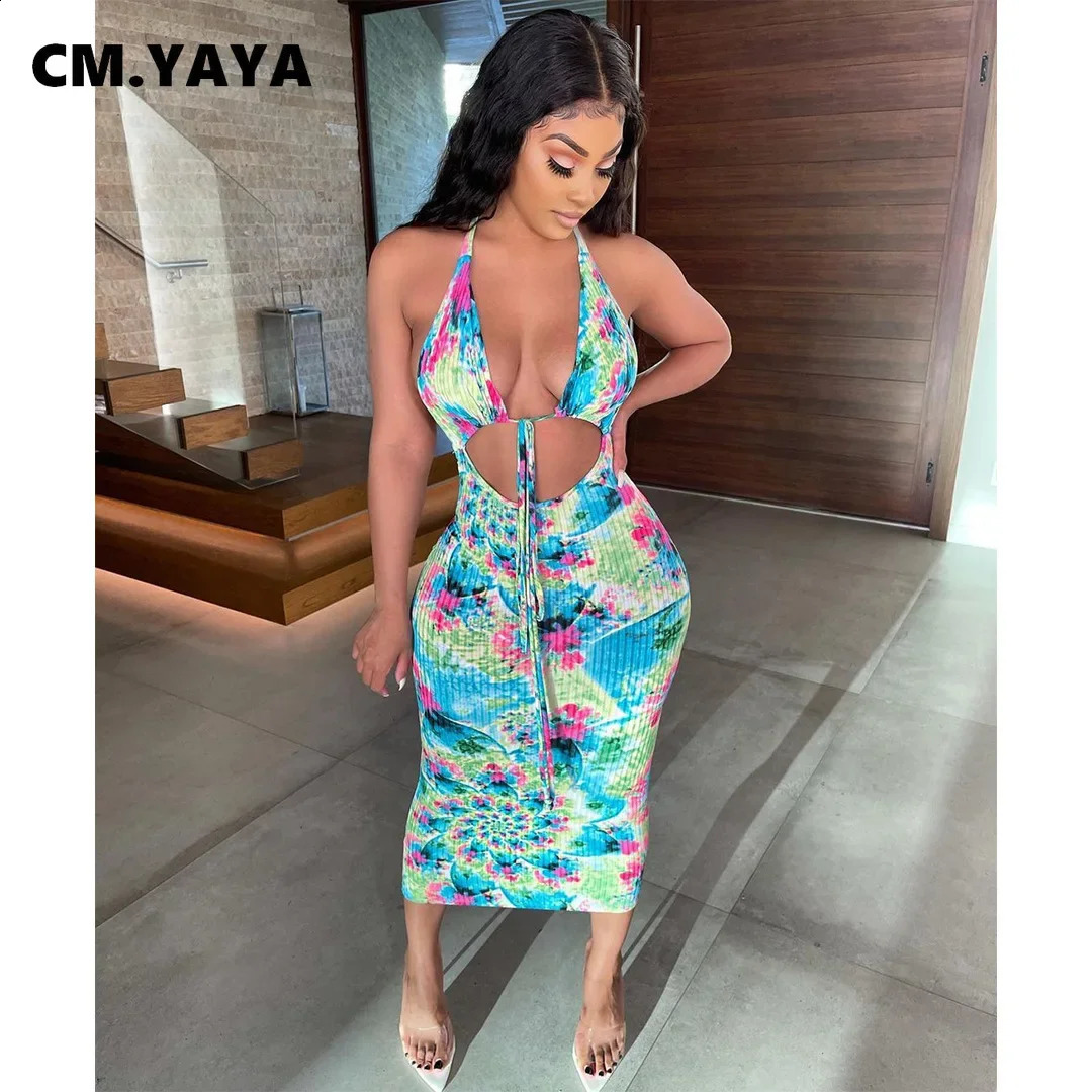 CM.YAYA Beach Tie Dye Print Halter Neck Womens Midi Dress Sexy Night Party Open Back Sleeveless Ribbed Bodycon Pencil Dresses 250206