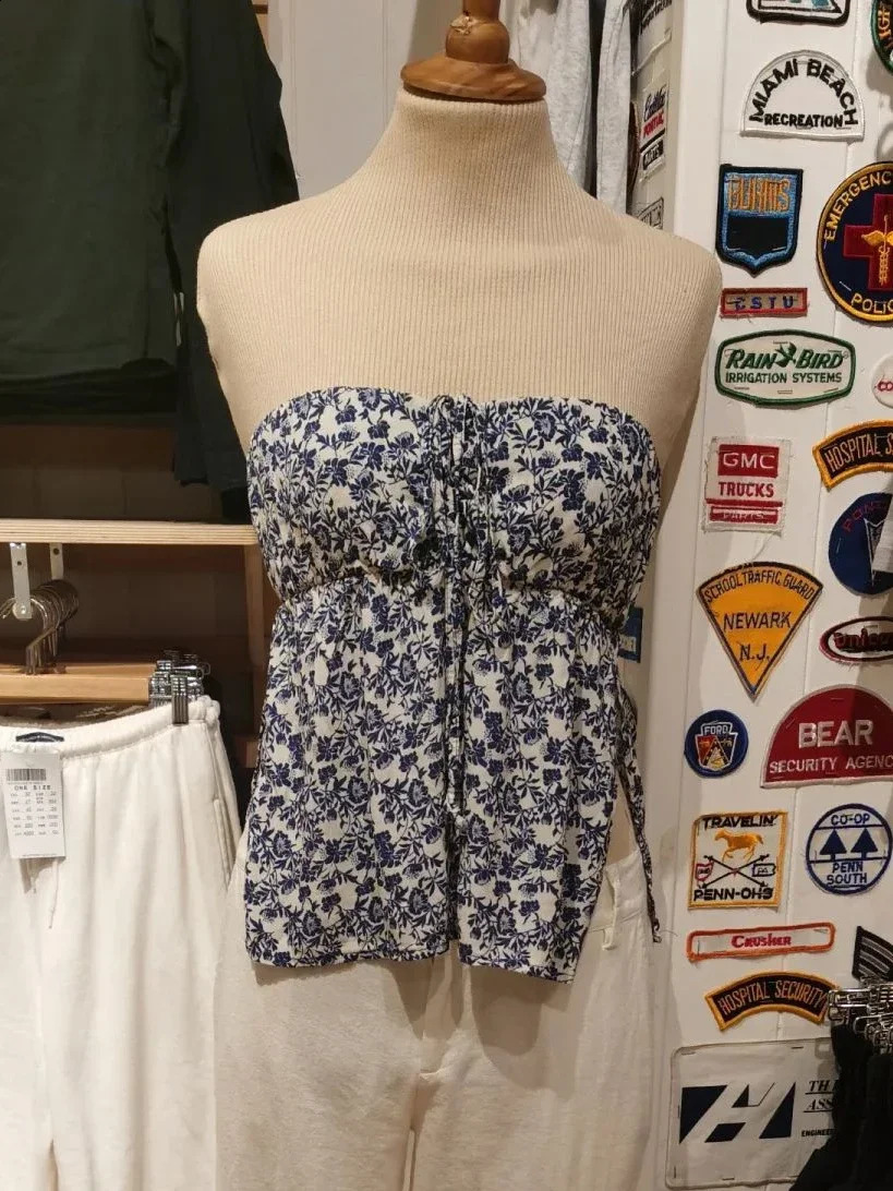 Women Sweet Floral Drawstring Strapless Crop Top 4 Summer Side Split Slim Cropped Vests Street wear Vintage Tank Tops 250206