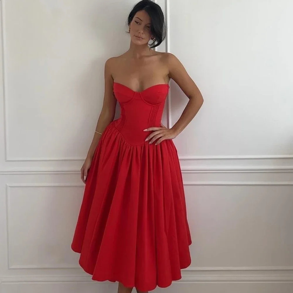 Suninheart Women Red Strapless Dress Sexy Arrivals Midi Casual Holiday Birthday Party Dresses Female 250206