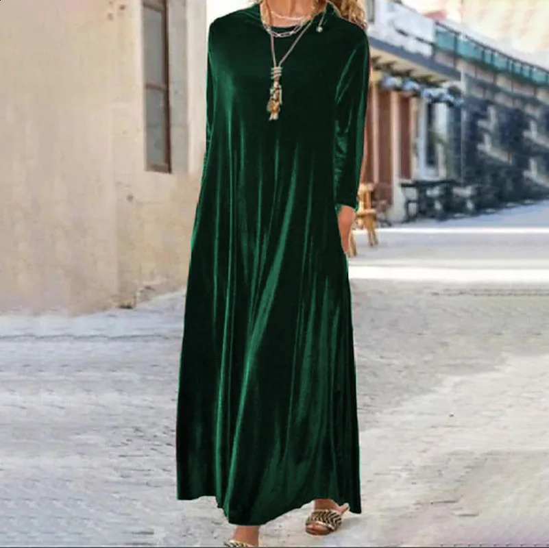 Spring Golden Velvet European and American Slim Style Round Neck Long Dress 250122