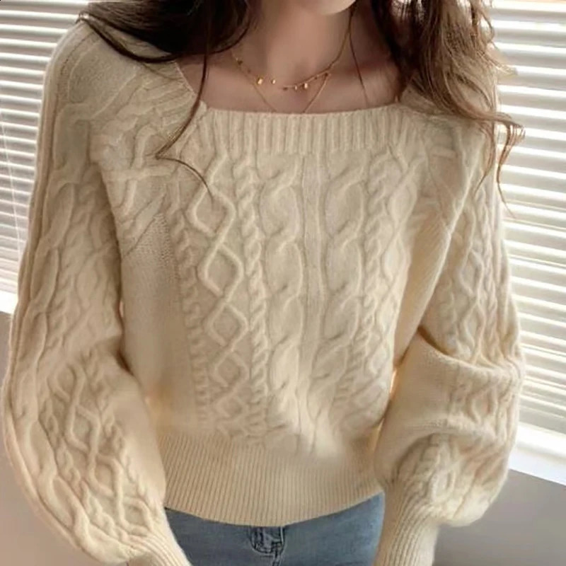 EVNISI Autumn Winter Women Square Collar Ribbed Sweater Thicken Warm Office Jumpers Women Lantern Sleeve Knit Casual Sweater 250206