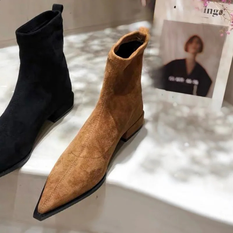 Women Suede Ankle Boots Heels Shoes Fashion Sexy Pointed Toe Shoes Women Trend Snow Boots Elegant Walking Dress Goth Mujer Botas 250120