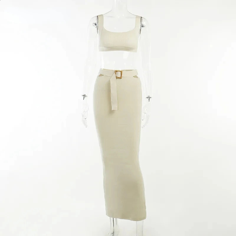 BWQ Knit Ribbed Women Cutout Waist Midi Maxi Long Skirt Suit and Tank Top Street Matching Two 2 Piece Dress Sets Outfit 250206