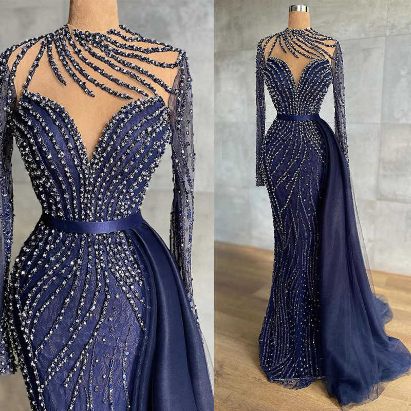 Sparkly Beaded Mermaid Prom Dresses Sexy Sheer Neck Long Sleeve Crystal Beading Sweep Train Formal Evening Gowns