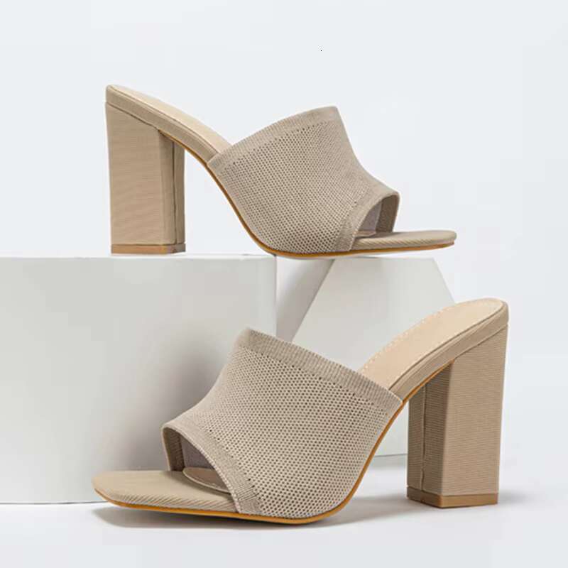 Liyke Orange Knitted Stretch Fabric Women's Thick Heels Slippers Summer Fashion Open Toe Gladiator Sandals Female Shoes Pumps