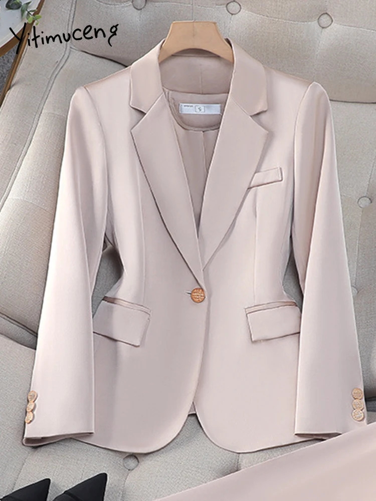 Yitimuceng Women Single Button Office Pants Suits Monochromatic Slim Fit Flip Collar Fashion 2 Piece Set 250206