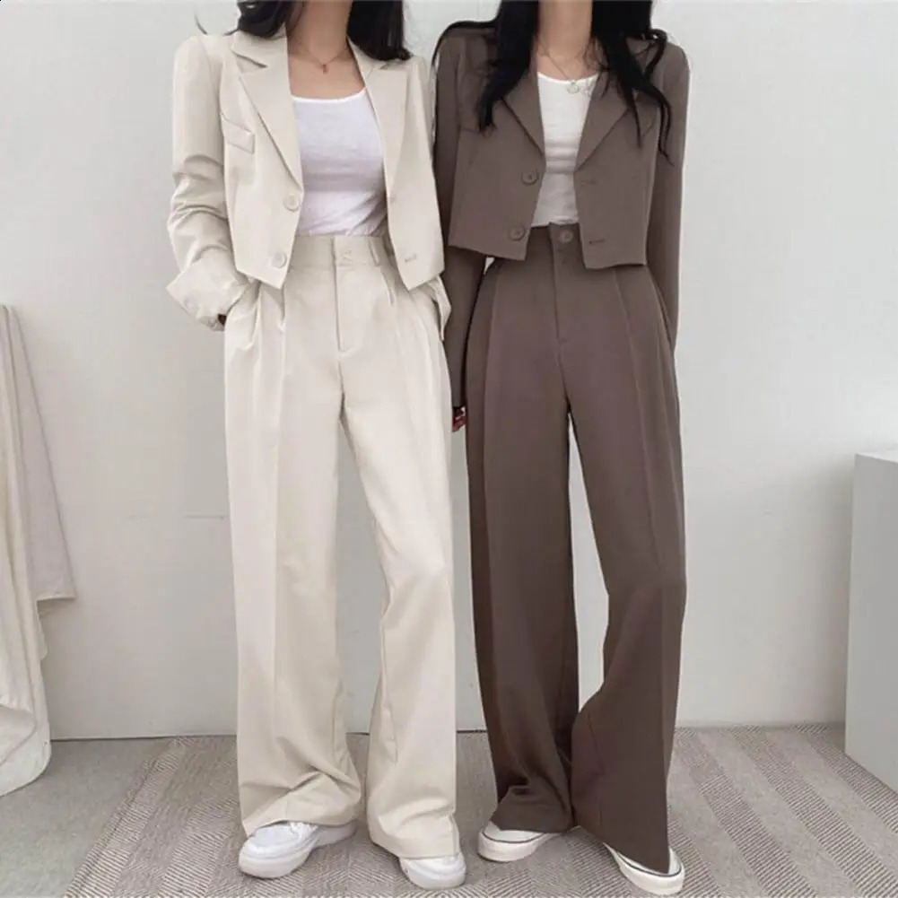 Women Cropped Blazers Pants Two-piece Set Korean Fashion Button Up Suit Jacket Wide Leg Pants Set Casual Lady Blazer Coat Set 250206