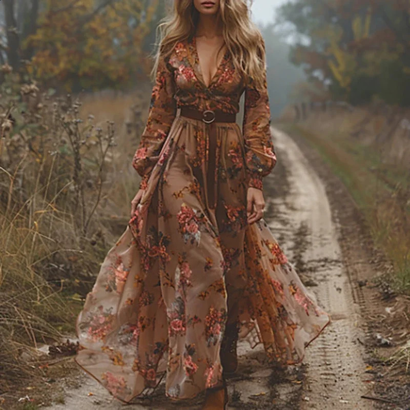 Ethnic Retro Floral Print Pleated Long Dress Spring Sexy Shirt Collar Buttons Women Party Dress Fall Long Sleeve Bohe Maxi Dress 250206