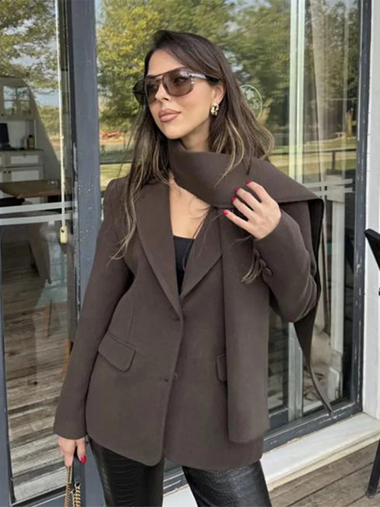 Wine Red Woolen Coat Women Fashion Lapel With Scarf Long Sleeve Female Coats 2024 Winter Singlebreasted Loose Lady Outwear 250109Z
