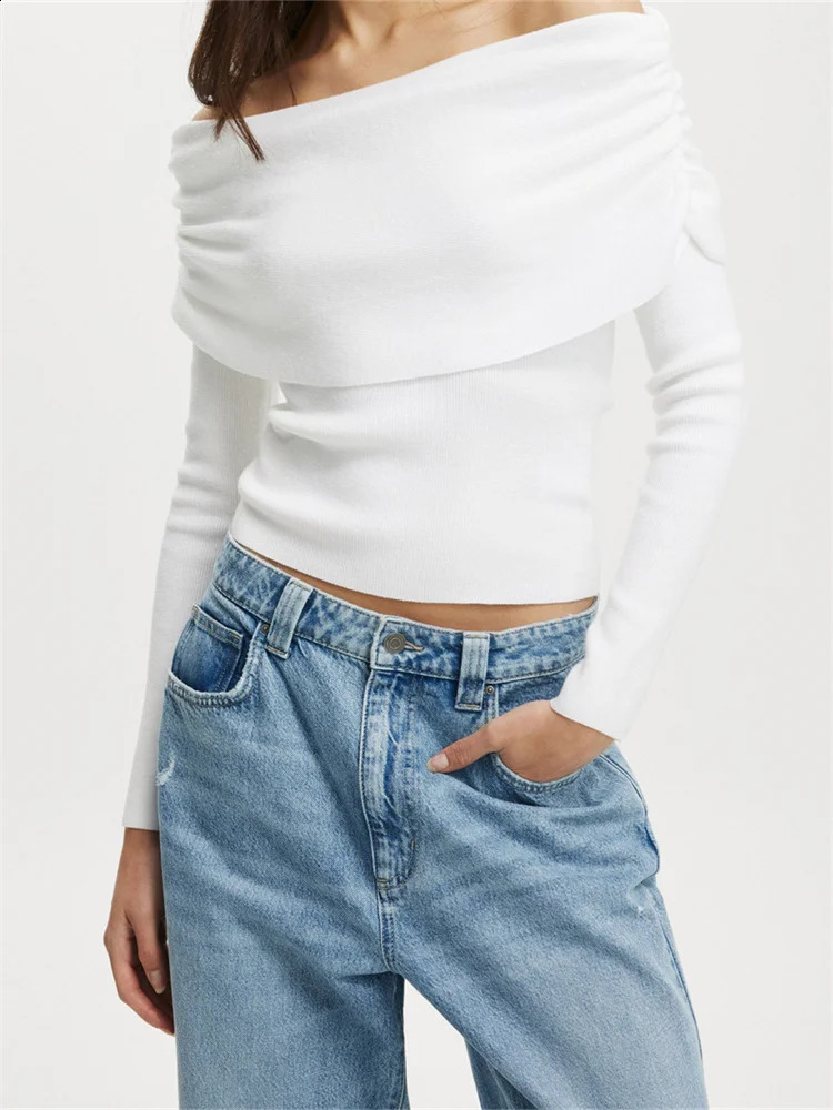 CHRONSTYLE Women Slash Neck Off Shoulder Sweaters Long Sleeve Solid Color Knitted Pullovers Slim Fit Ruched Tops Jumpers 250206