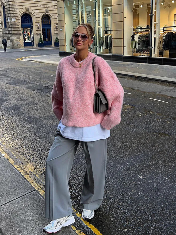 Oversize Mohair Knitted Long Sleeved Pullover Women Grey Round Neck Loose Sweater Tops 2024 Autumn High Street Jumpers 250121