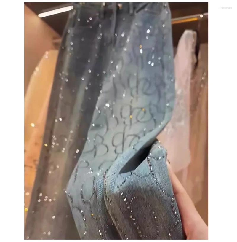 Women's Jeans Stamping For Women 2025 Spring Autumn Trendy Shiny Rivet Wide Leg Pants Female Straight Loose Denim Z260313