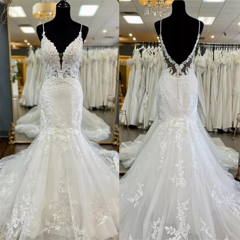 Romantic Mermaid Wedding Dresses 2025 Spaghetti Straps Appliques Lace Civil Country Bride Dress Backless Beach Bridal Robe De Mariee Fairy Vestio De N