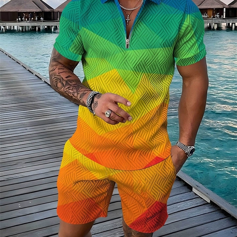 Summer Fashion Mens Sweatsuit set Colored Patches 3D Print Casual Zipper Polo Shirt Shorts 2pcs Sets Oversized Tracksuit Sets 250109