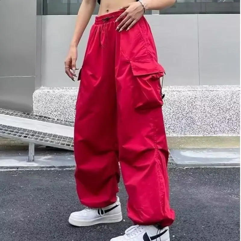 Women Big Pockets Cargo Pants Y2k High Elastic Waist Drawstring Baggy Trousers Vintage Casual Loose Side Zipper Straight Pants 250121