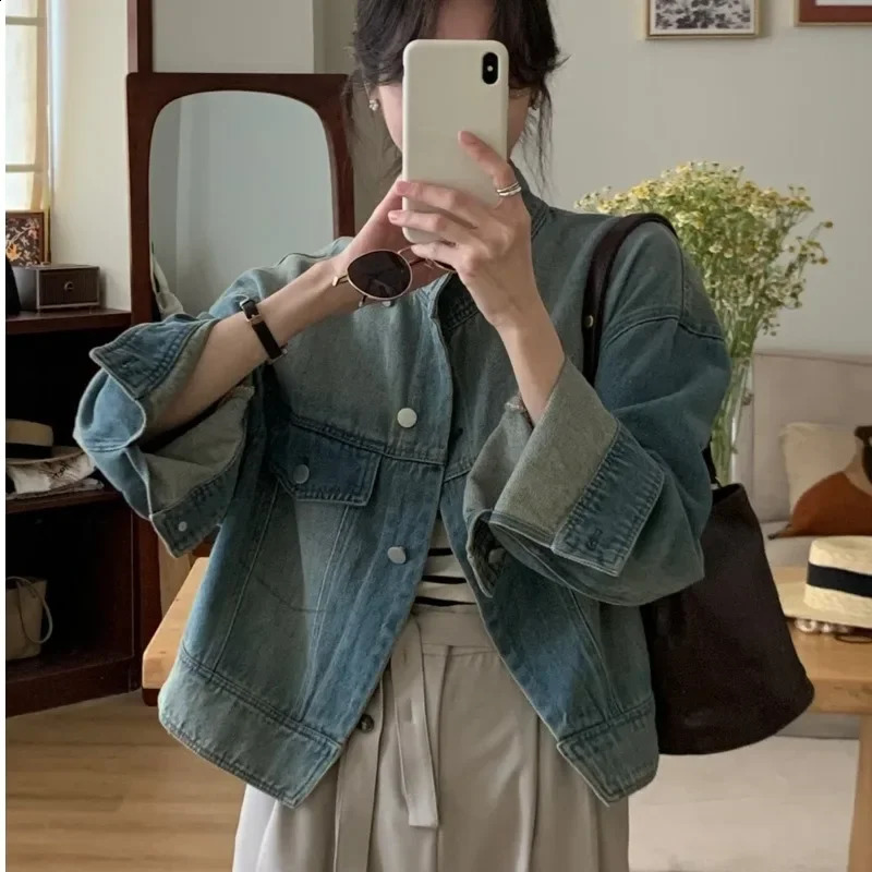 Cropped Denim Jackets Women Vintage Hipster Japanese Style Stylish Office Lady Slouchy Loose Streetwear Daily All-match Outwear 250122
