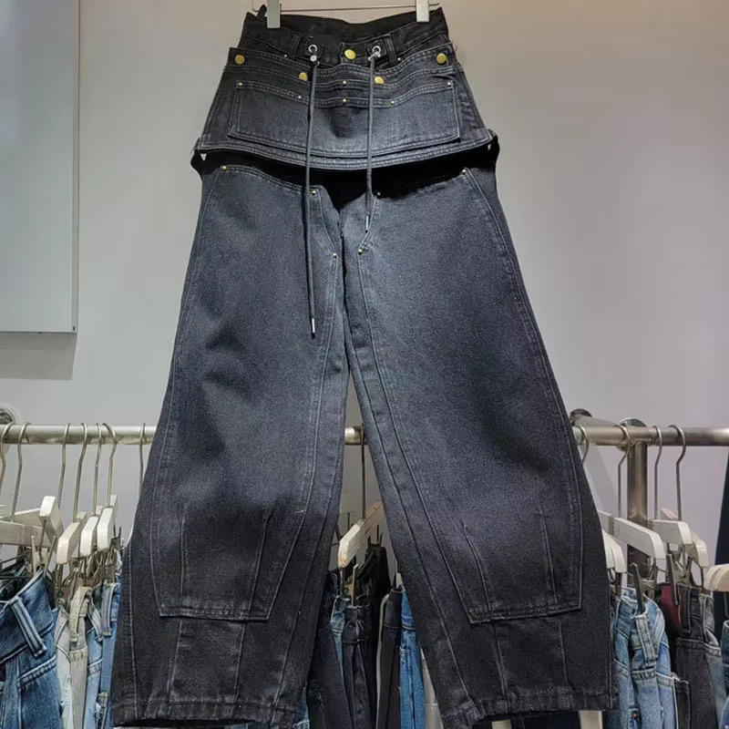 Women's Fashion Solid Color Loose Patchwork Causal Long Pants Pockets Drawstring Trousers Female 2025 Winter New 11A01801