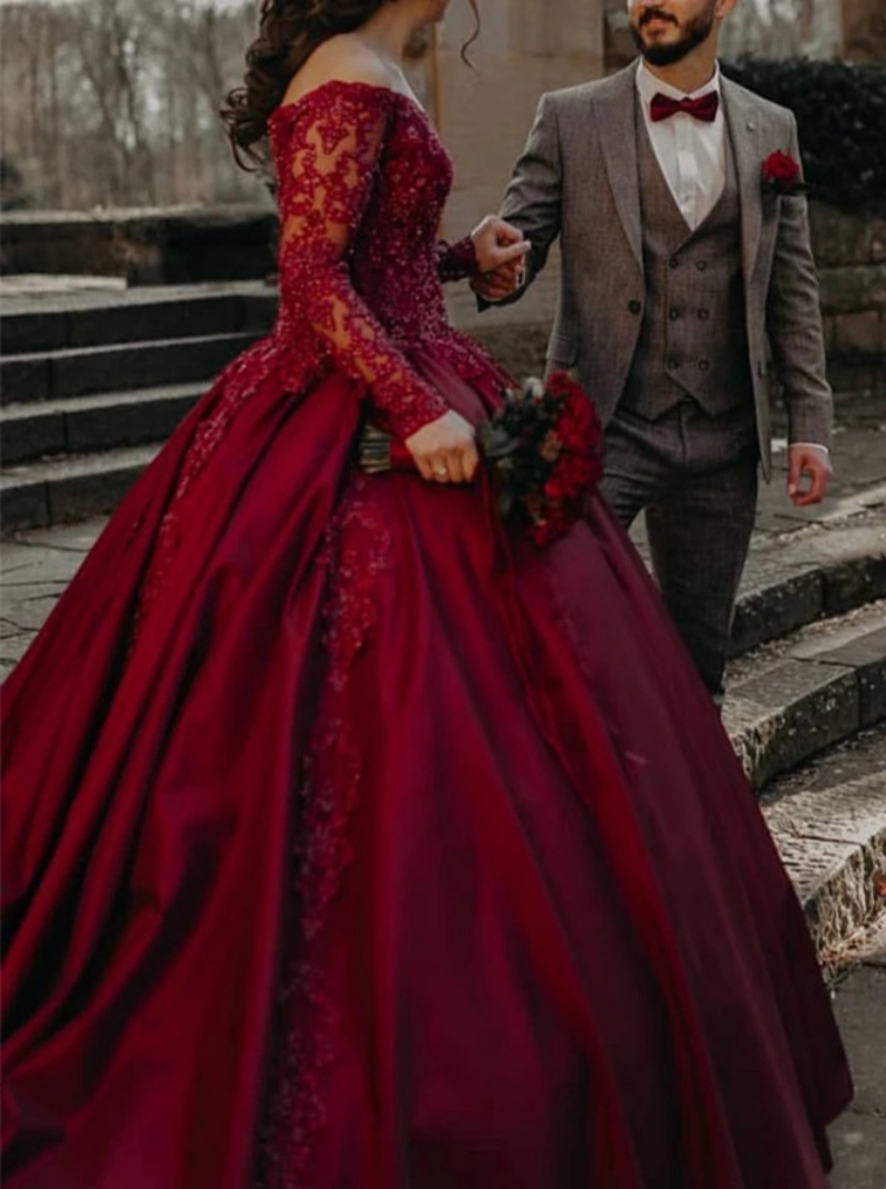 Elegant Burgundy A-Line Wedding Dresses Beaded Lace Long Sleeves Appliques Satin Long Bridal Gowns 2025 Arabic Dubai Vestdio De Novia