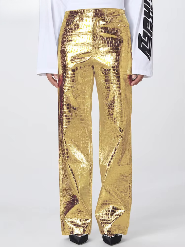Gold Sliver Straight Wide Leg Pants For Women 2025 Fashion Streetwear High Waist Scale Leather Party Club Trousers