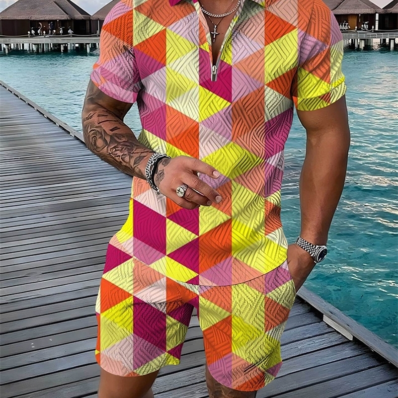 Summer Fashion Mens Sweatsuit set Colored Patches 3D Print Casual Zipper Polo Shirt Shorts 2pcs Sets Oversized Tracksuit Sets 250109