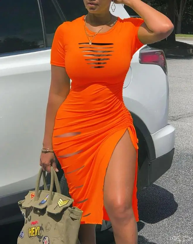 Sexy Summer Dresses for Women Short Sleeve O-Neck Candy Ladder Cutout Drawstring Ruched High Slit Hollow Out Skinny Dress 250206