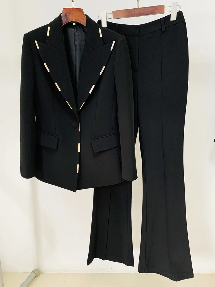 HIGH STREET est Runway Suit Set Womens Single Button Metal Block Blazer Flare Pants Set 250206