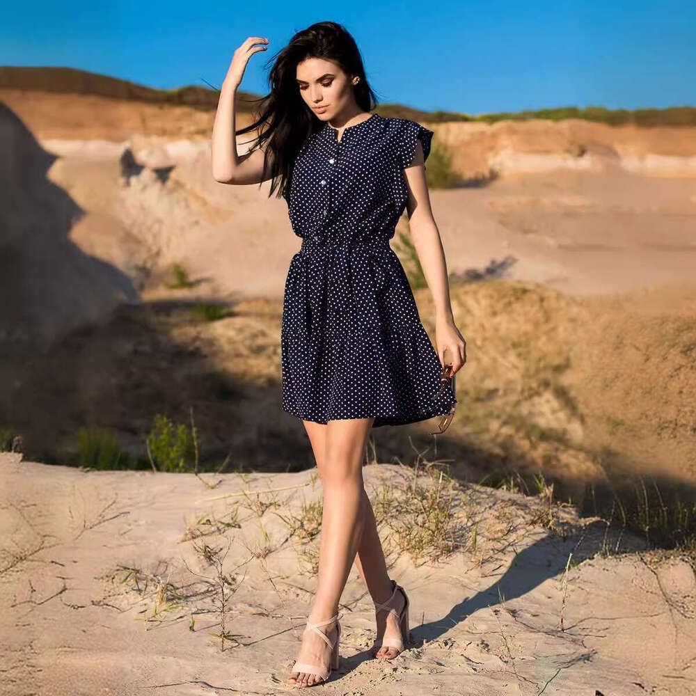 European American women's polka dot printed butterfly sleeves with ruffled edges, wide relaxed waist belt dress, versatile and fashionable new st