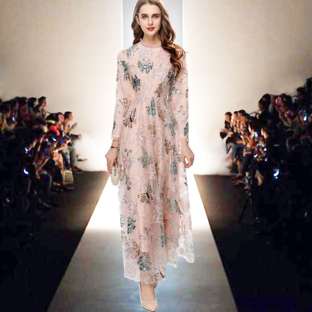 OC4099M5 Spring and Summer Women's Dress Multicolored Round Neck Long Sleeved Mesh Handmade Butterfly Embroidered Bead Long Skirt