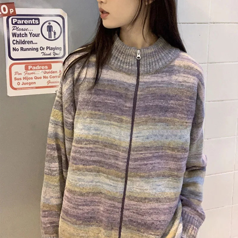 Lazy Style Rainbow Stripe Retro Zipper Cardigan Womens Sweater Jacket Autumn Winter Loose Fashion Knitted Top for Women 250118