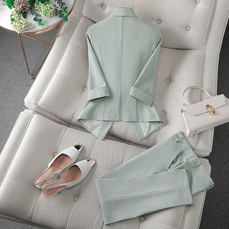 Spring Summer Flanged Casual Jacket Blazer Slim Pencil Pants Elegant Womens Pants Suit Office Manager Outfits Two Piece 250206