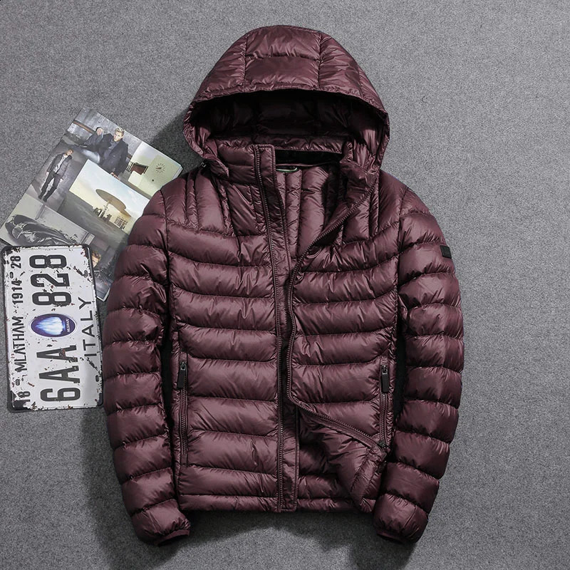 Mens Lightweight Down Jacket 90 White Duck Short Winter Solid Color Hood Youth Leisure Driving Home 250109Z