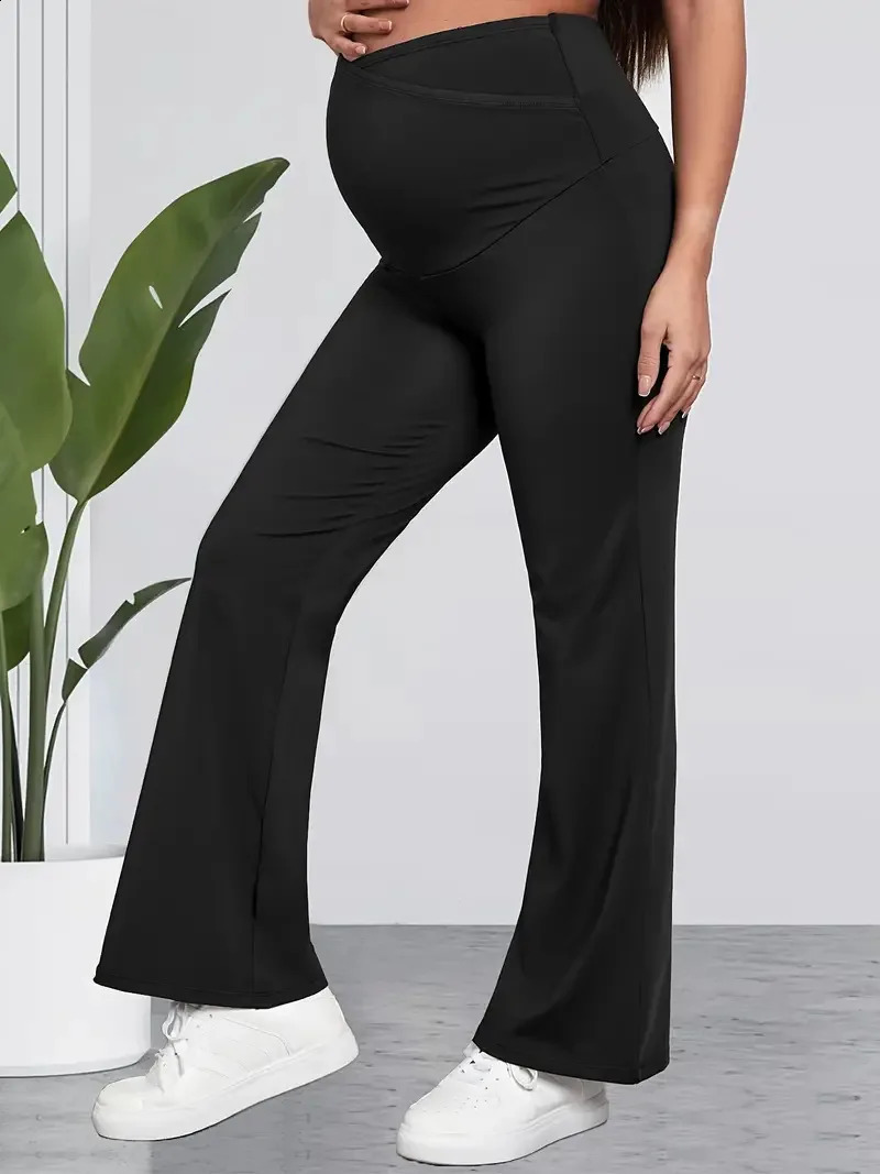Black Womens Maternity Flared Pants Fashion Solid High Waist Belly Support Fitness Trousers For Pregnant Women All Match Pants 250206