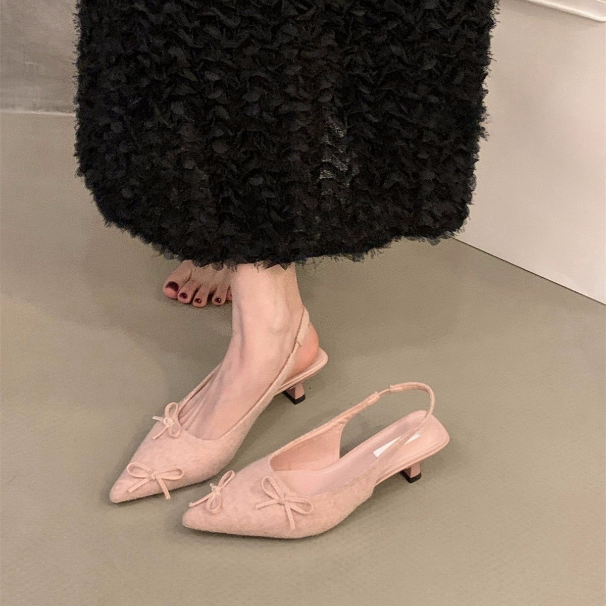 Women Sandals High Heel Suede Pointed Toe Bow Design Versatile Triple Black Apricot Grey Pink Free shipping