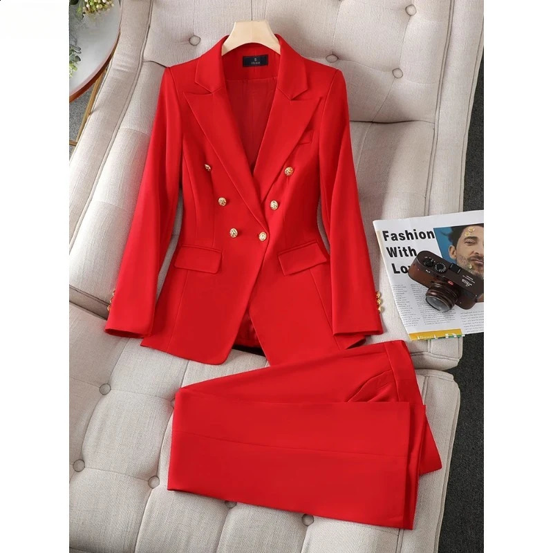 Button Decoration Formal Jacket Blazer and Trouser 2 Piece Set Fashion Pink Green Black Ladies Work Wear Pant Suit Women 250206