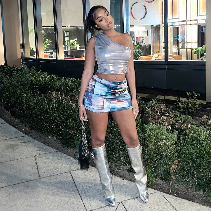 Sexy Lady Shiny Silver Crop Tops Women Metallic Color Cute One Shoulder Slim Bustiers Tank Vest Summer Sleeveless Corset Tops 250206
